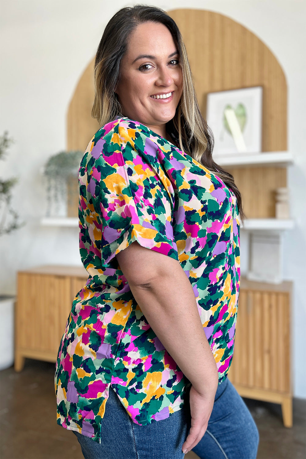 Double Take Full Size Printed V-Neck Short Sleeve Side Slit Top - Charming Charlie