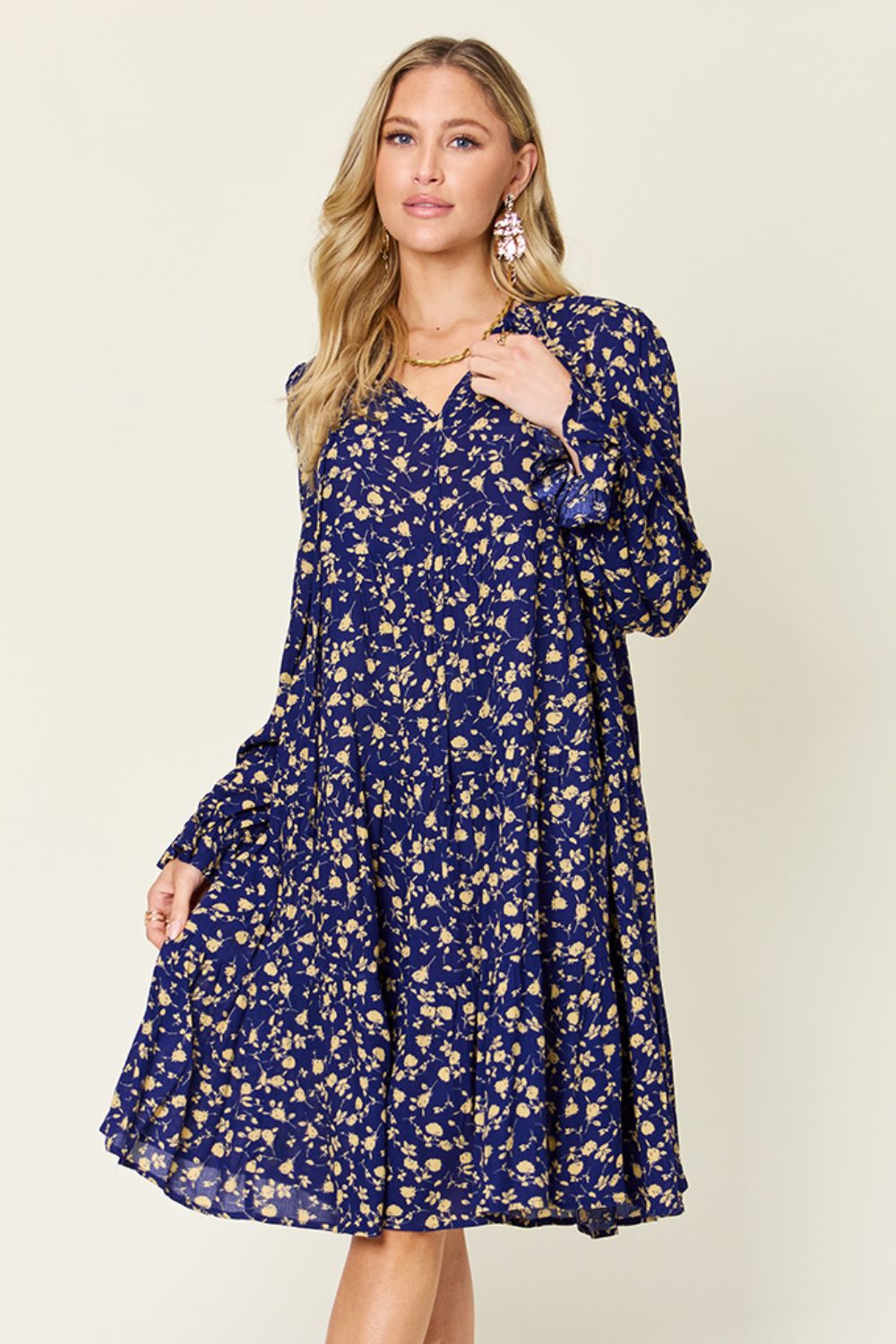 Double Take Full Size Printed Ruffle Hem Long Sleeve Tiered Dress - Charming Charlie