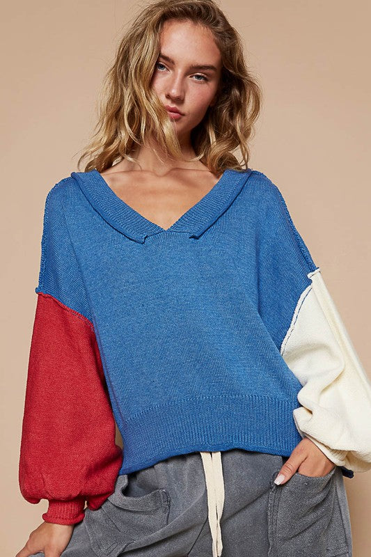 POL Exposed Seam Contrast V-Neck Lantern Sleeve Sweater - Charming Charlie
