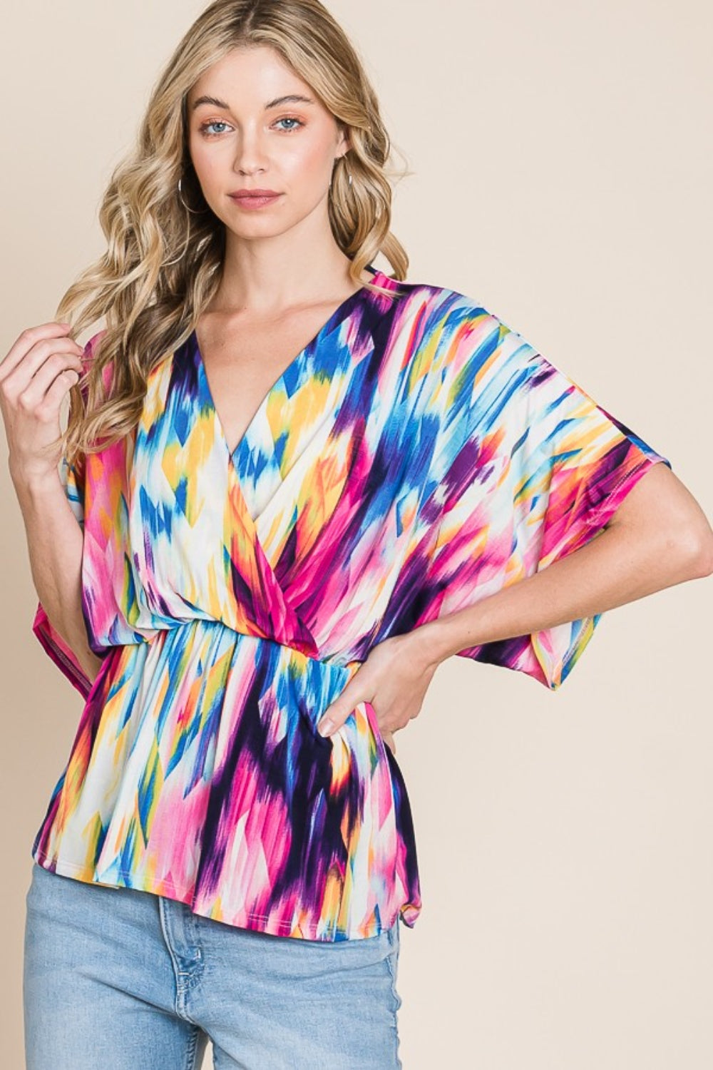 BOMBOM Printed Surplice Peplum Blouse - Charming Charlie
