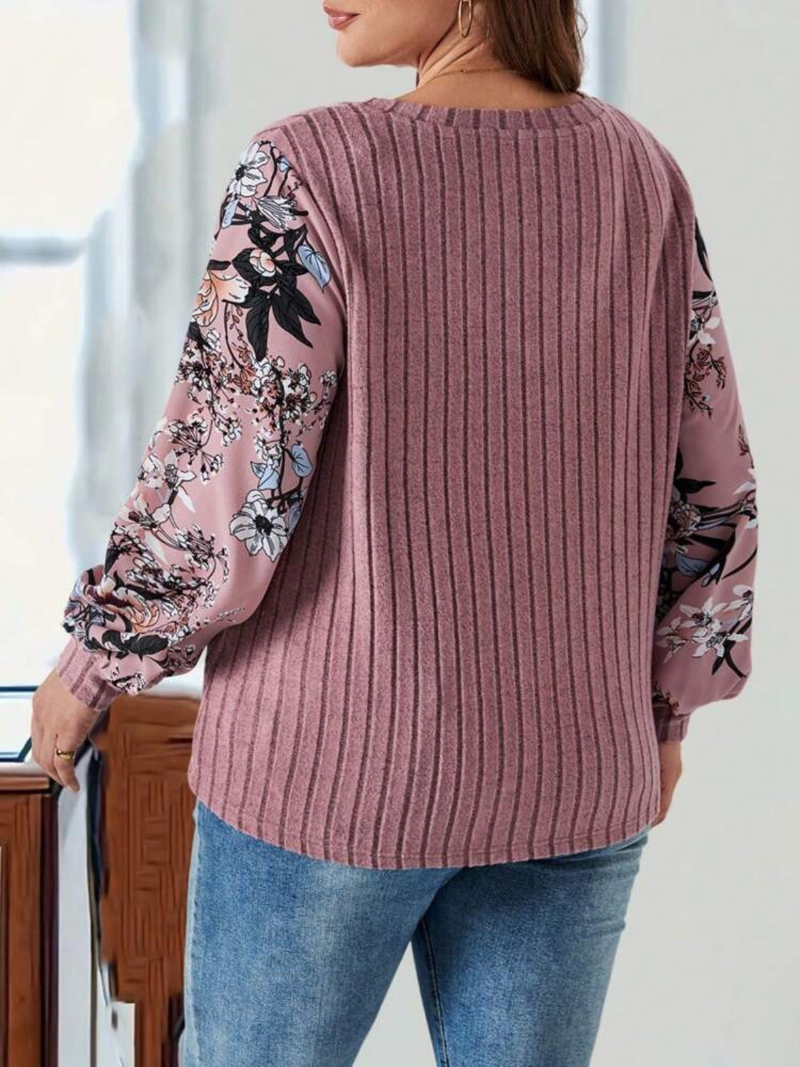 Plus Size Printed V-Neck Long Sleeve T-Shirt - Charming Charlie