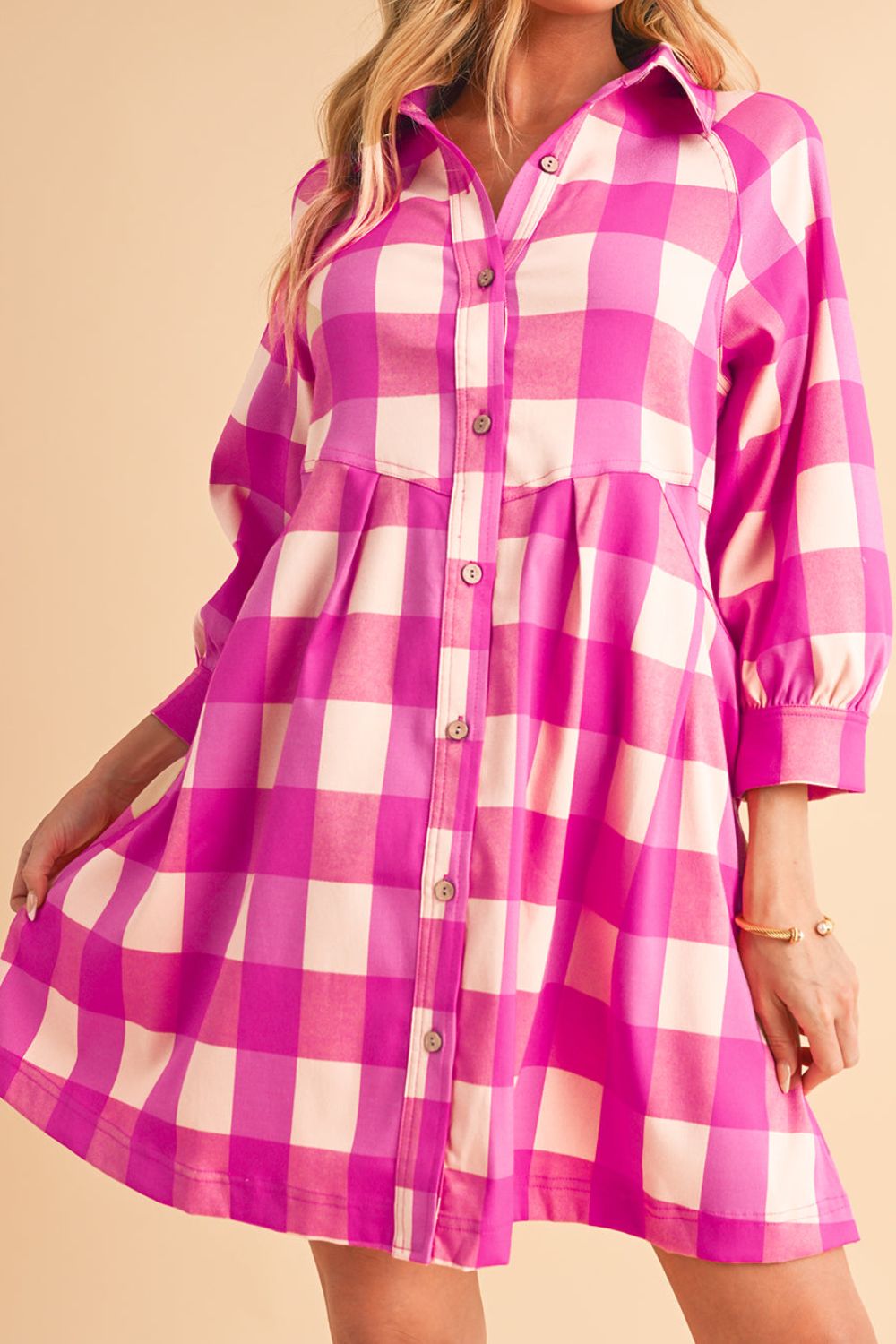 Ruched Plaid Three-Quarter Sleeve Shirt Dress - Charming Charlie