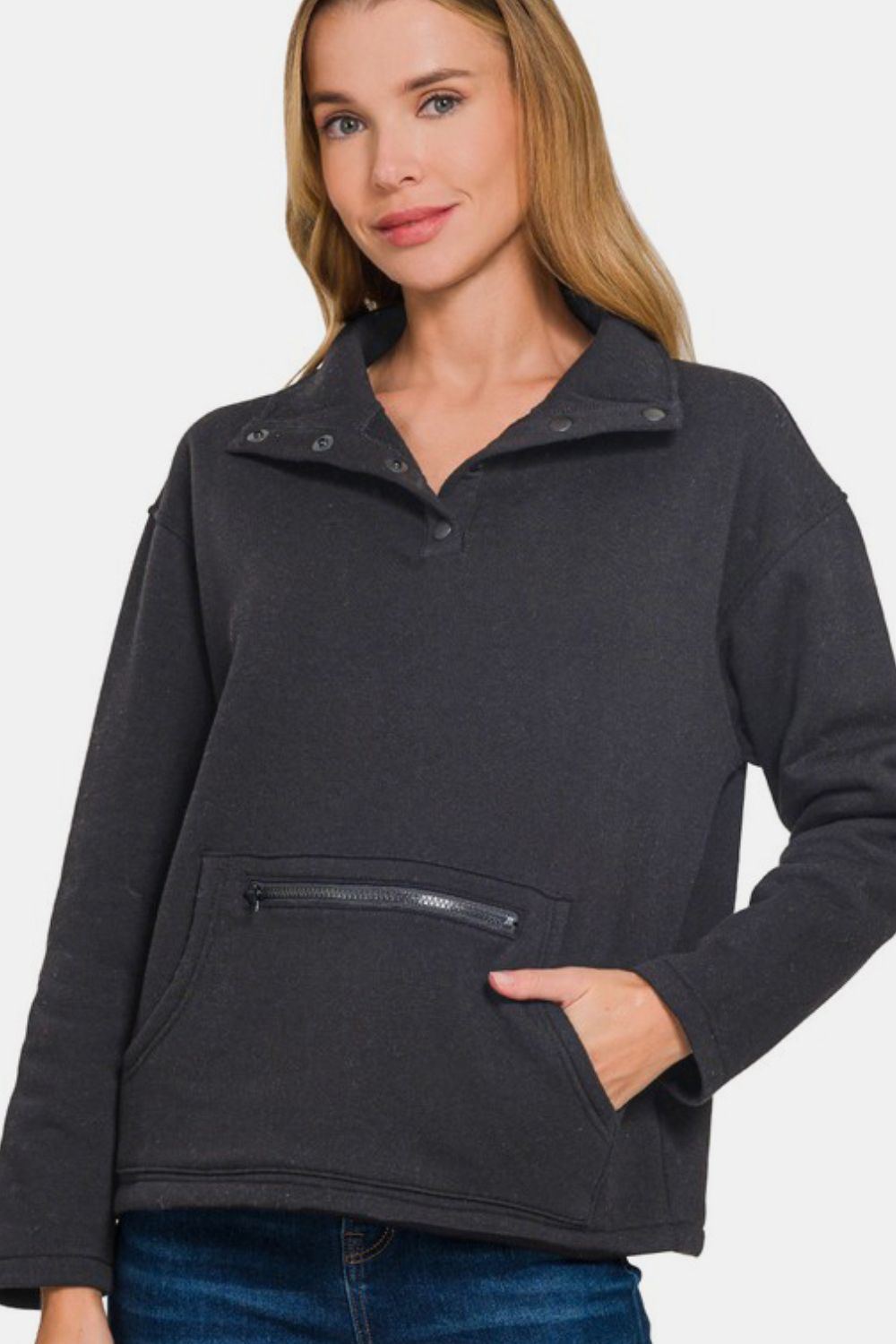 Zenana Turtleneck Half Snap Fleece Sweatshirt - Charming Charlie