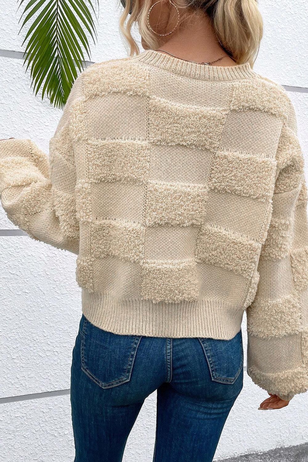 Checkered Round Neck Dropped Shoulder Sweater - Charming Charlie