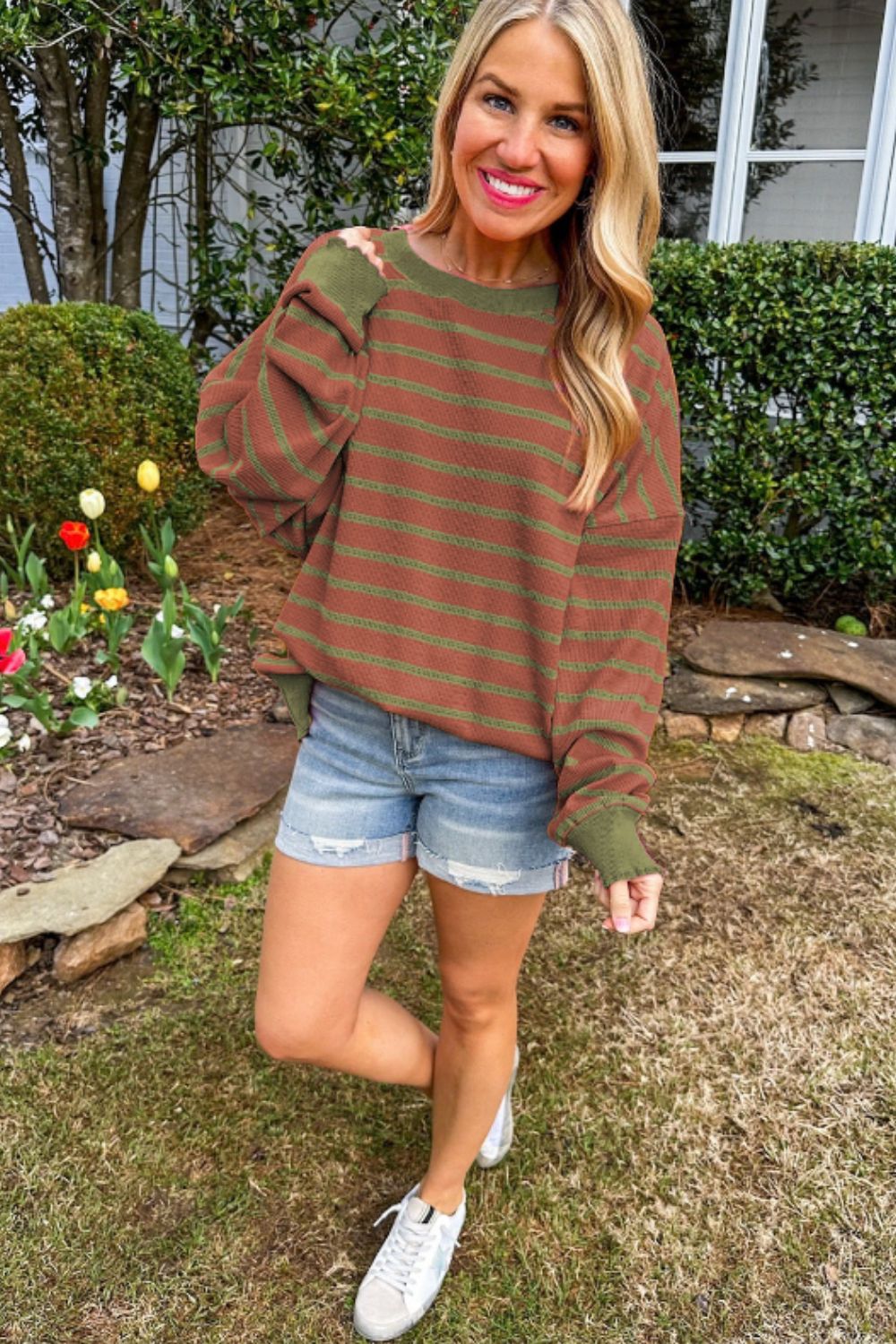 Striped Round Neck Long Sleeve Sweater - Charming Charlie