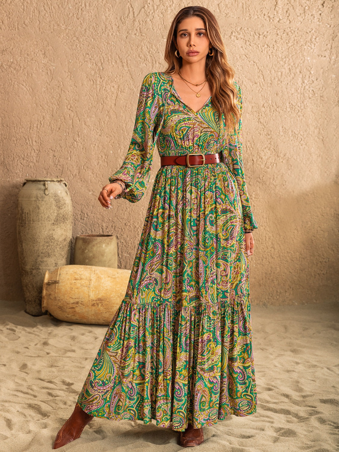 Printed Tie Neck Long Sleeve Dress - Charming Charlie