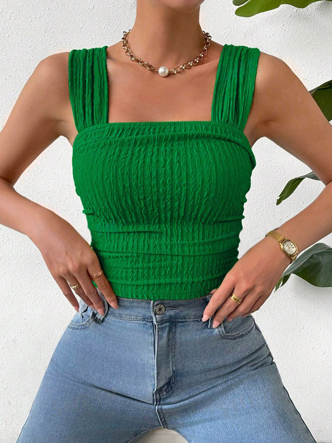 Textured Square Neck Wide Strap Tank - Charming Charlie
