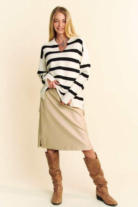 Davi & Dani High-Low Side Slit Striped Johnny Collar Sweater - Charming Charlie