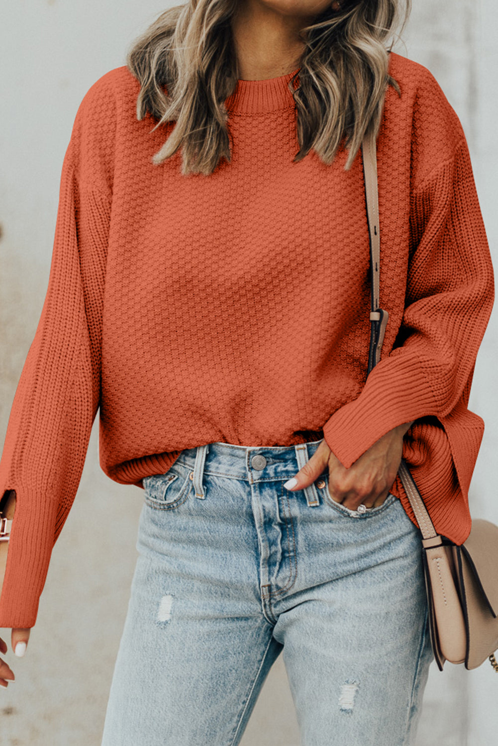 Textured Round Neck Long Sleeve Sweater - Charming Charlie