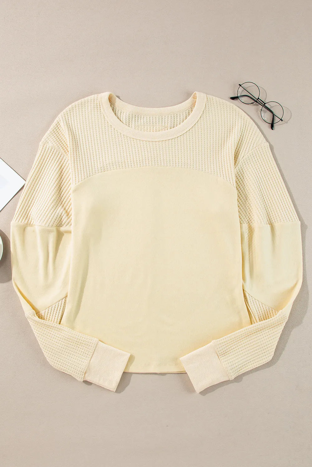 Waffle-Knit Round Neck Long Sleeve Top - Charming Charlie