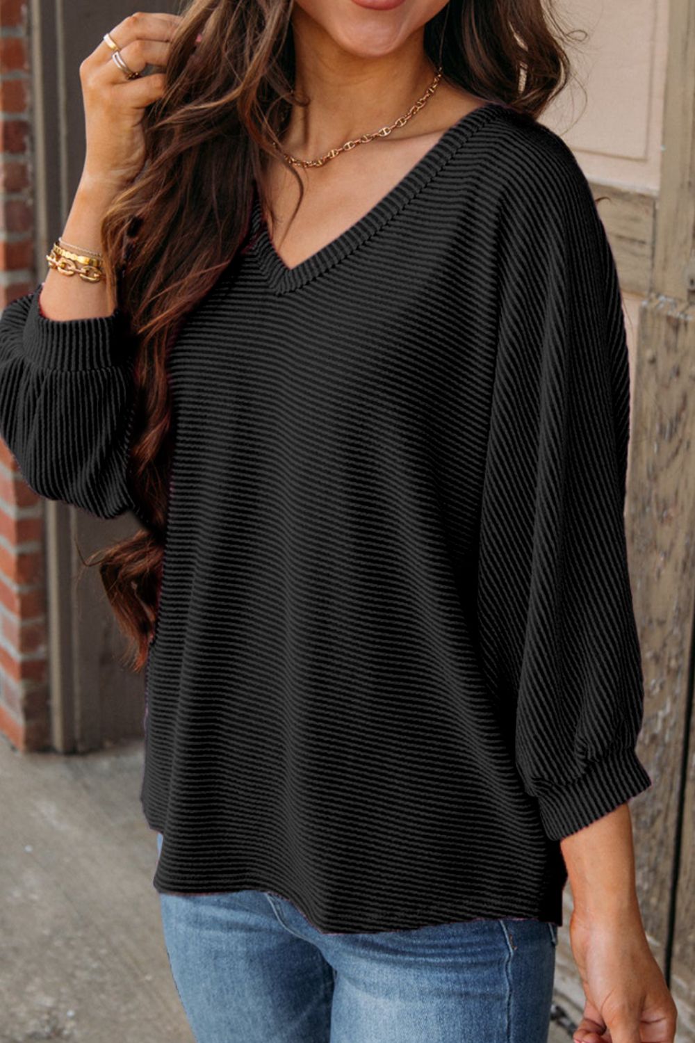 Texture V-Neck Long Sleeve Top - Charming Charlie