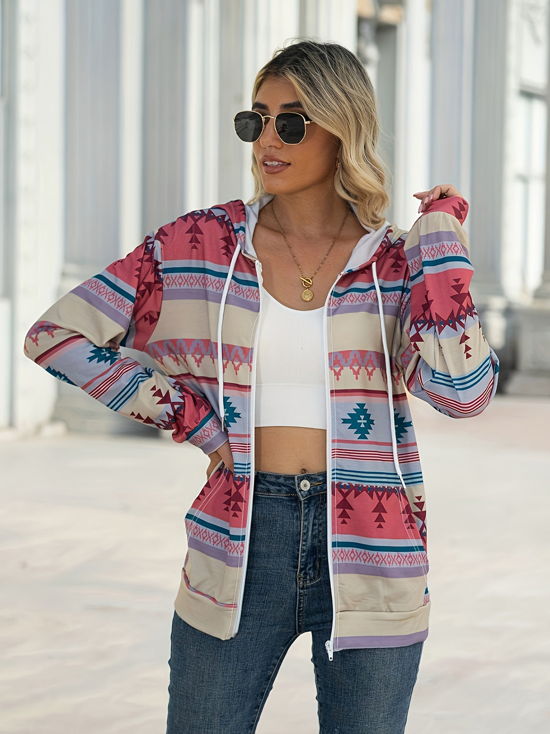 Geometric Zip Up Long Sleeve Hooded Jacket - Charming Charlie