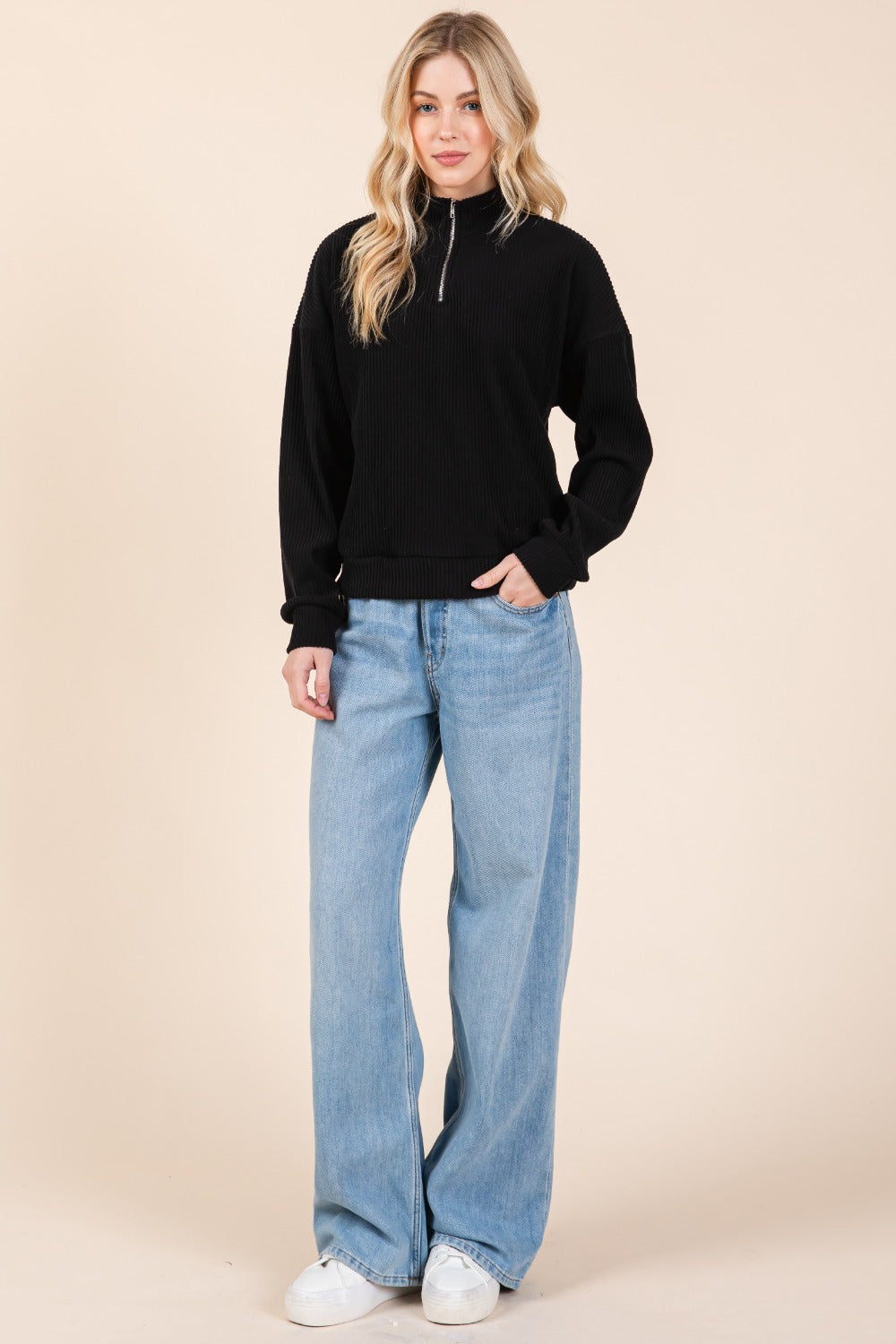 BOMBOM Quarter Zip Long Sleeve Sweatshirt with Pockets - Charming Charlie