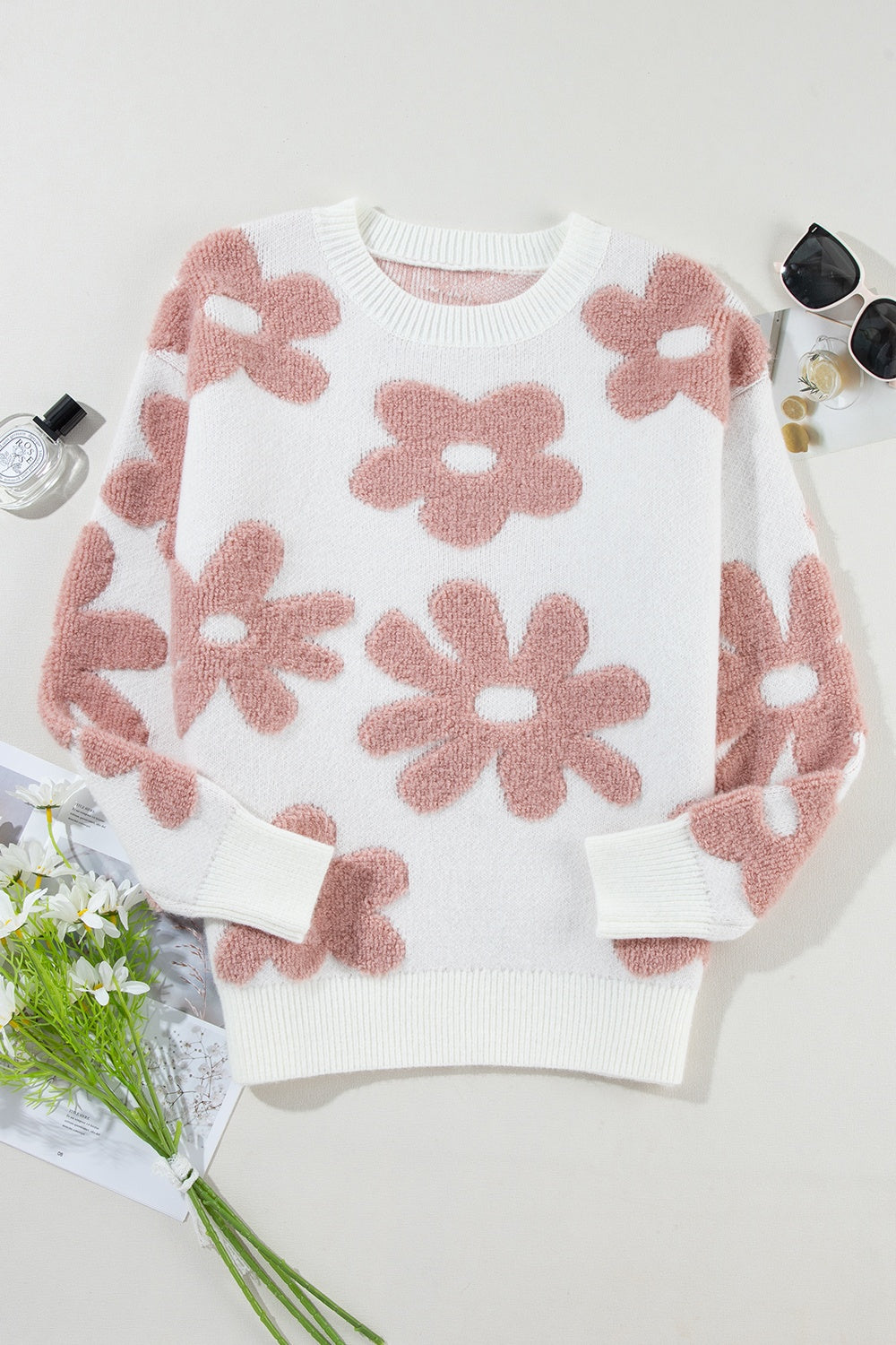 Flower Round Neck Long Sleeve Knit Top - Charming Charlie