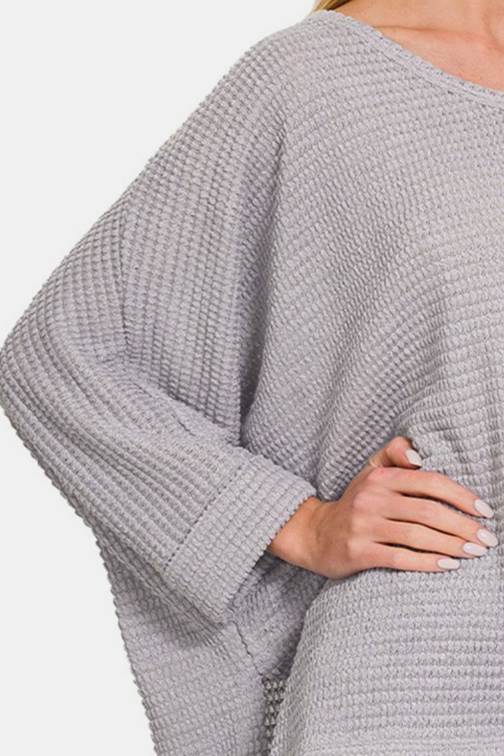Zenana Waffle Knit V-Neck Long Sleeve Slit Top - Charming Charlie