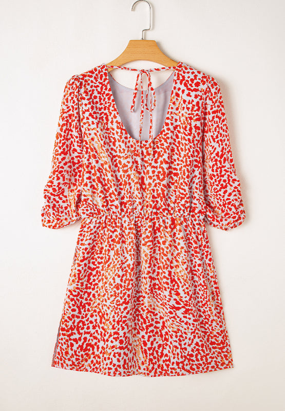 Slit Tied Printed Round Neck Mini Dress - Charming Charlie