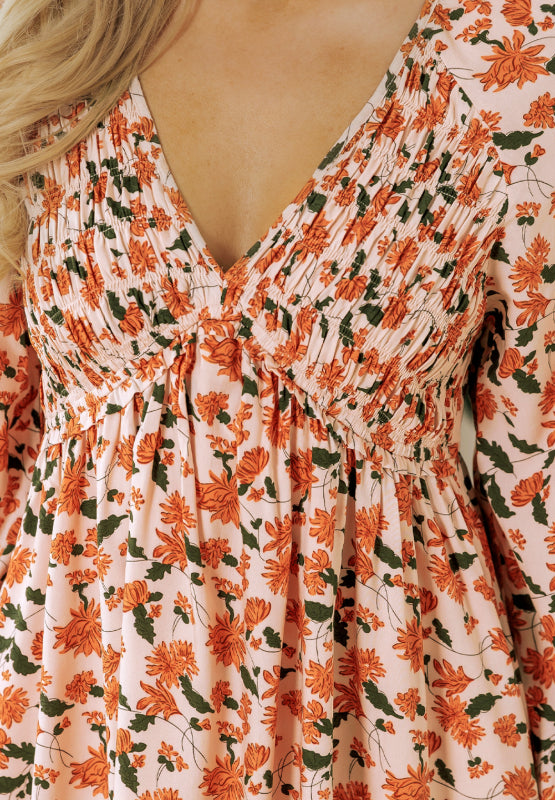 Smocked Printed V-Neck Long Sleeve Dress - Charming Charlie