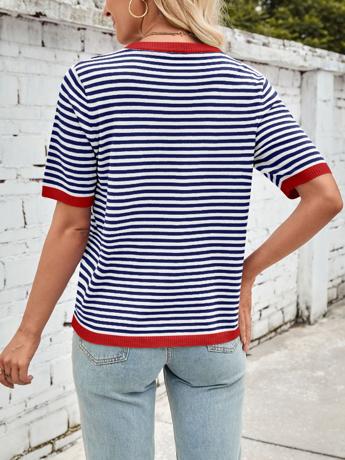 Lovelet Striped Contrast Round Neck Half Sleeve Knit Top - Charming Charlie