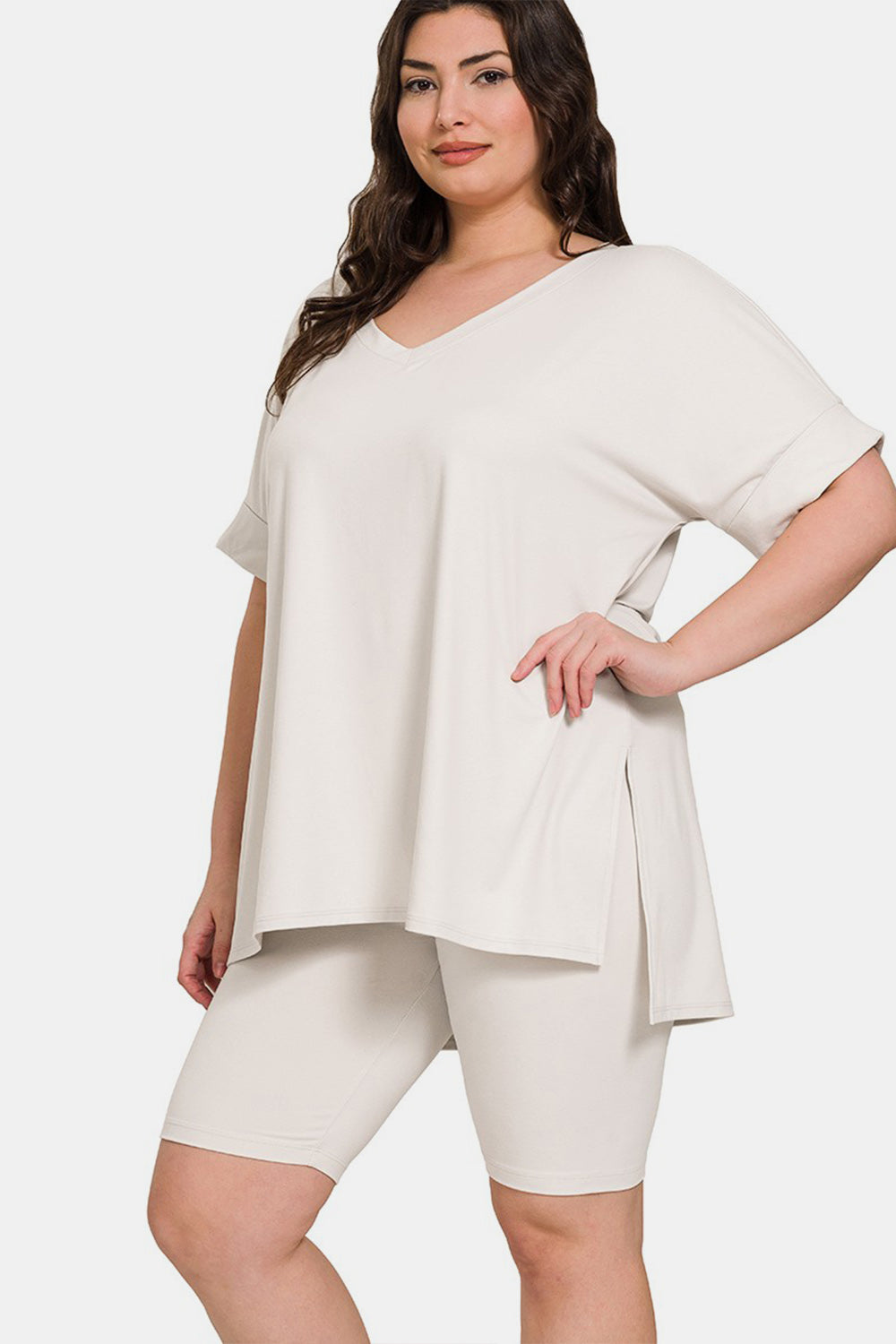 Zenana Full Size V-Neck Short Sleeve Slit T-Shirt and Shorts Set - Charming Charlie