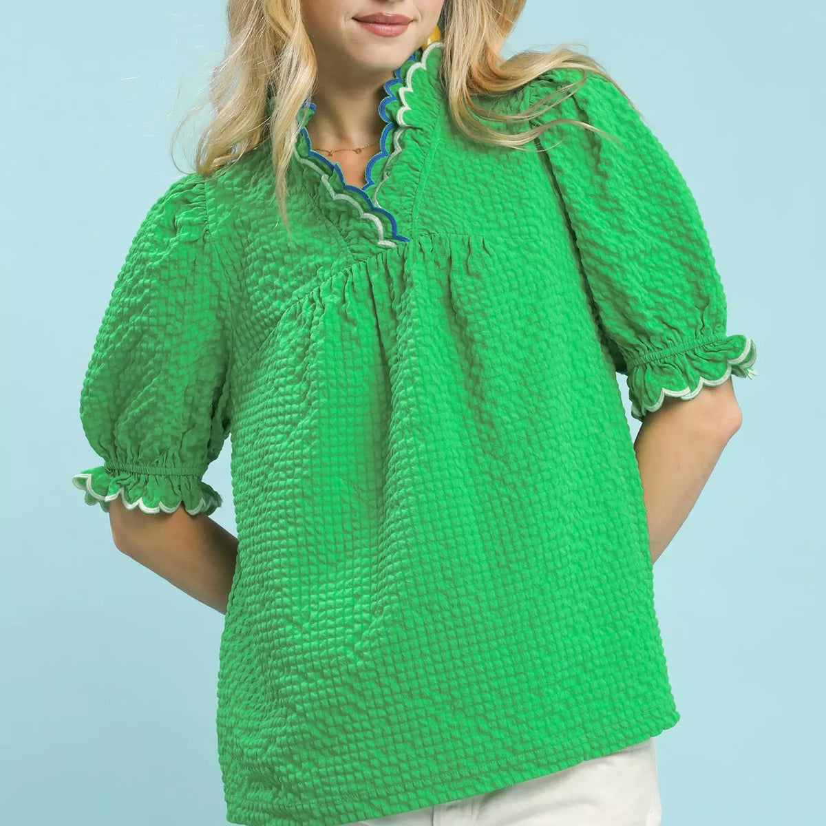 Umgee Embroidery Linen Puff Sleeve Blouse