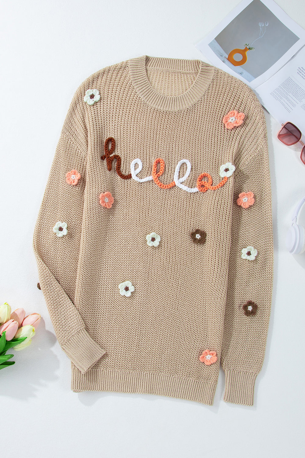 HELLO Flower Round Neck Long Sleeve Sweater - Charming Charlie