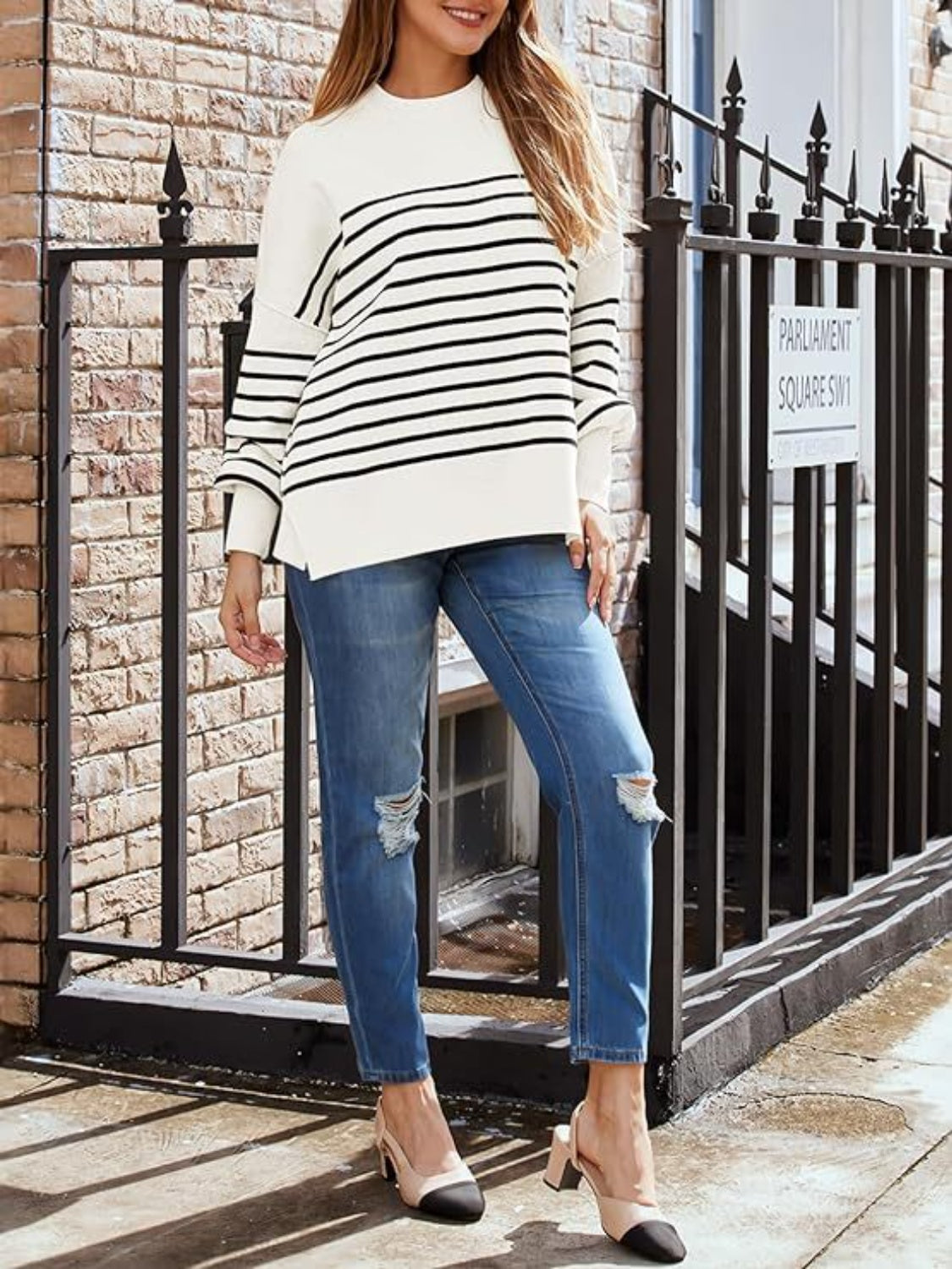 Striped Round Neck Long Sleeve Sweatshirt - Charming Charlie