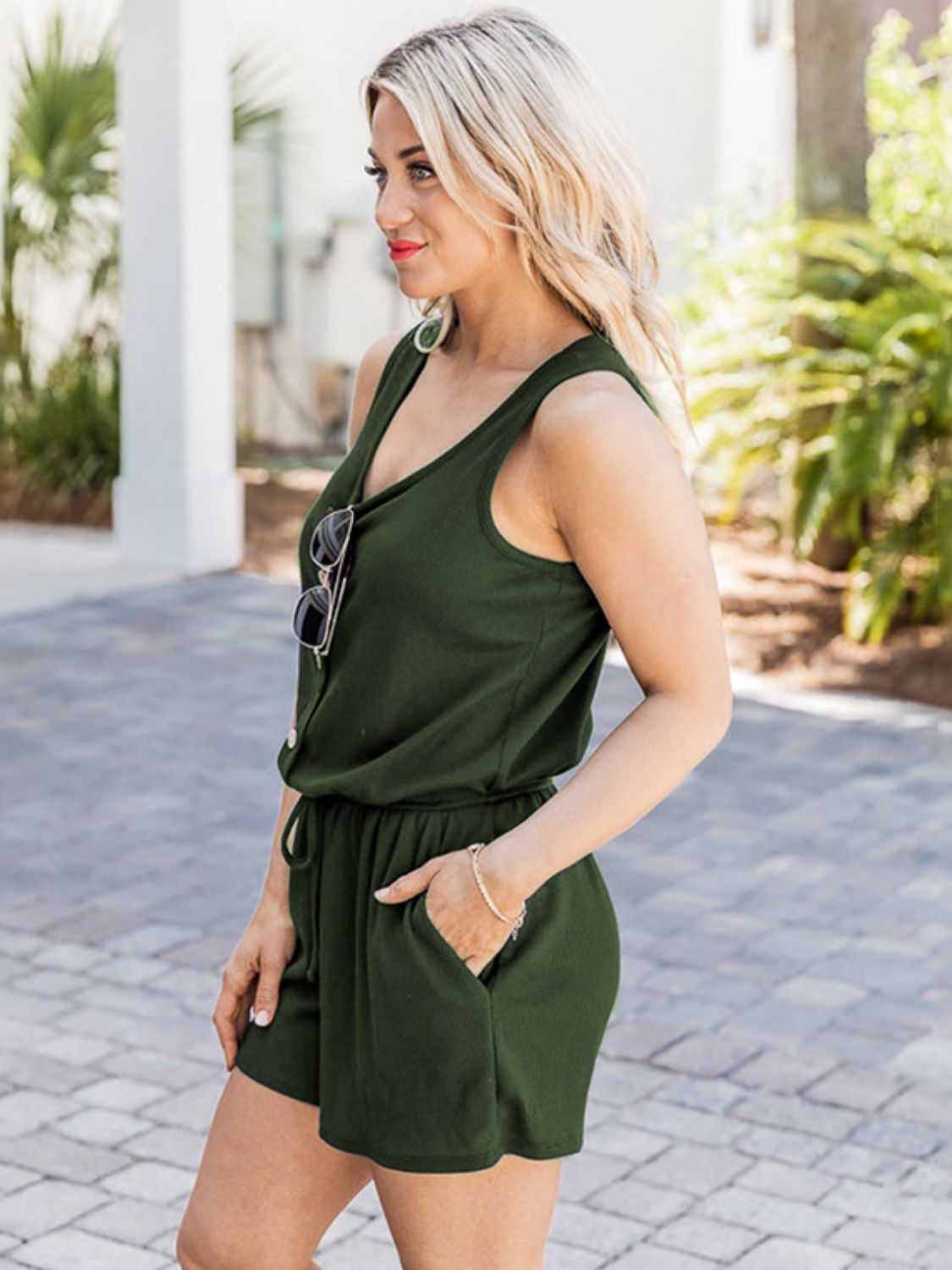 Scoop Neck Wide Strap Romper with Pockets - Charming Charlie