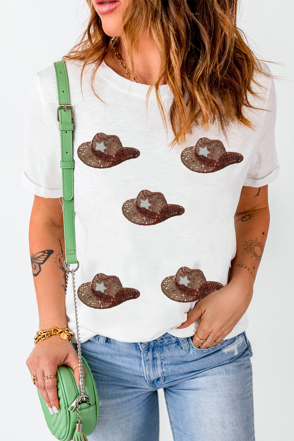 Sequin Hat Round Neck Short Sleeve T-Shirt - Charming Charlie
