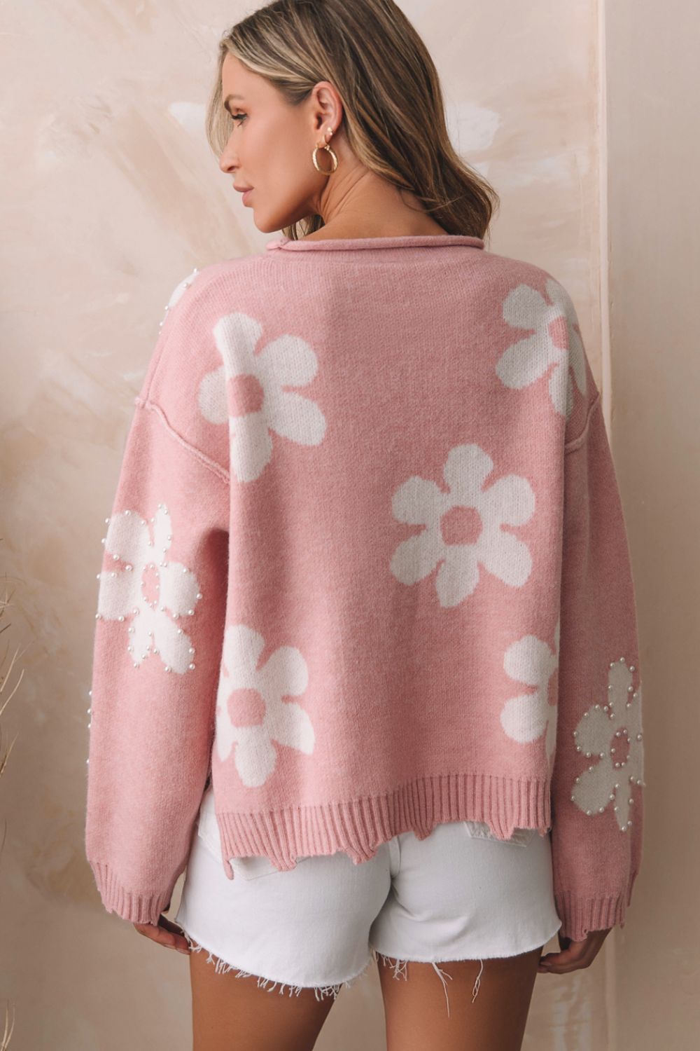 Pearl Trim Flower Round Neck Sweater - Charming Charlie