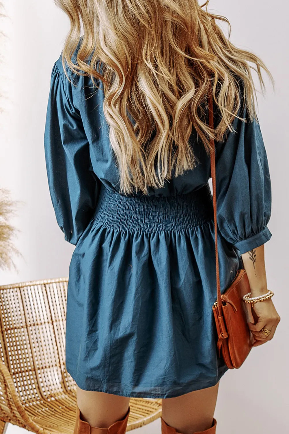 Smocked Half Button Three-Quarter Sleeve Mini Dress - Charming Charlie