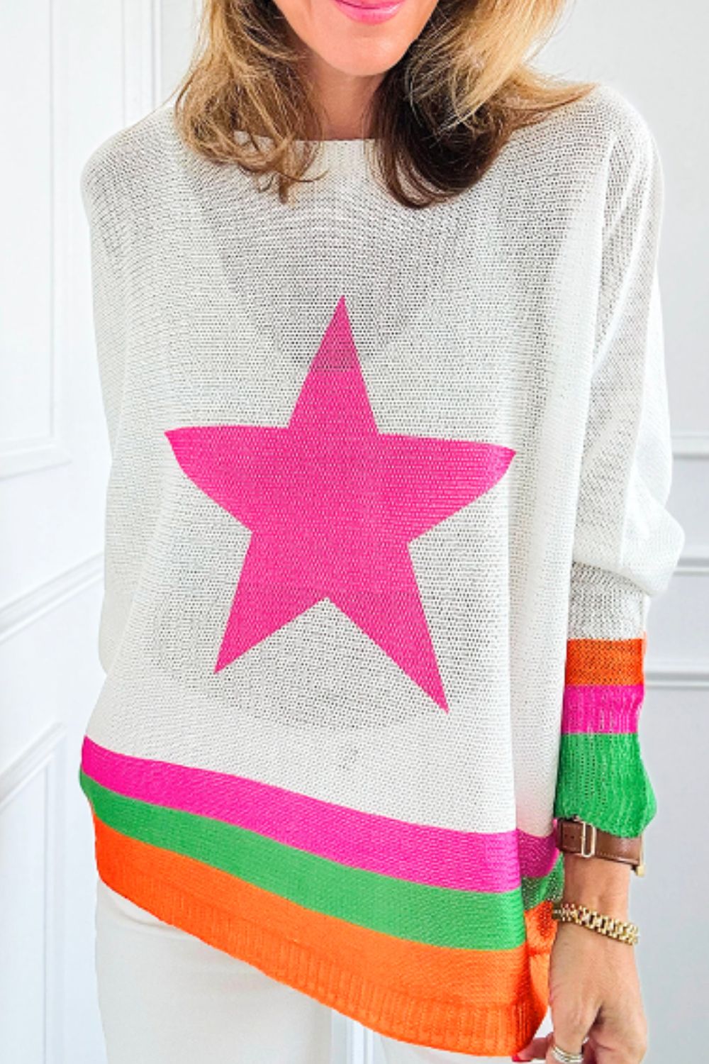 Star Contrast Round Neck Long Sleeve Knit Top - Charming Charlie