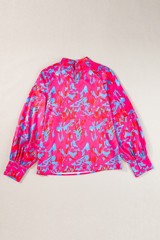 Purple Printed Bubble Sleeve Mock Neck Blouse - Charming Charlie