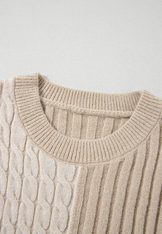 Cable-Knit Color Block Round Neck Sweater - Charming Charlie
