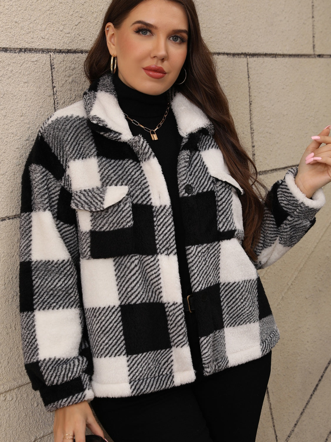 Plus Size Pocketed Plaid Collared Neck Jacket - Charming Charlie