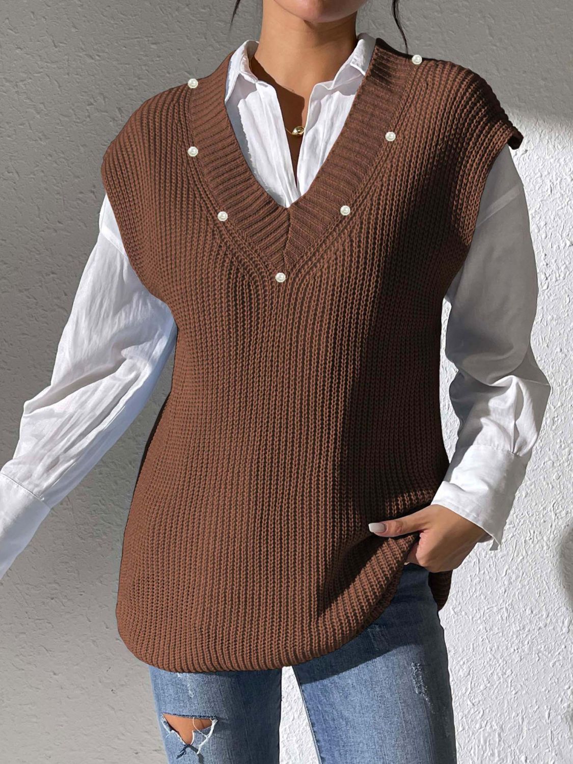 Pearl Trim V-Neck Sweater Vest - Charming Charlie