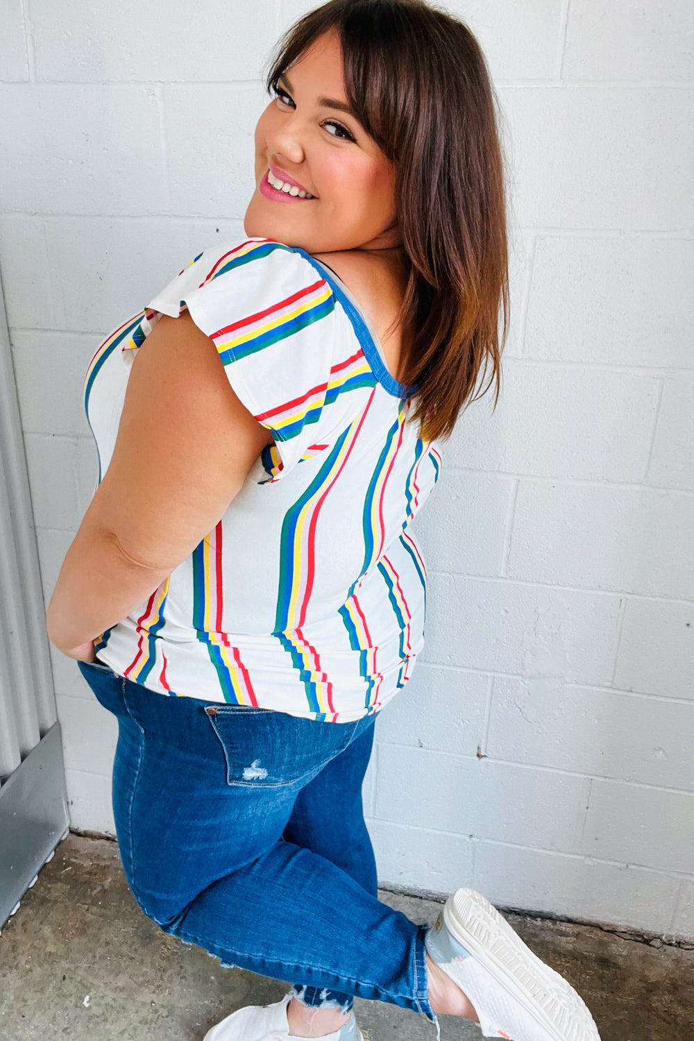 Multicolor Striped Raglan Flutter Sleeve Top - Charming Charlie