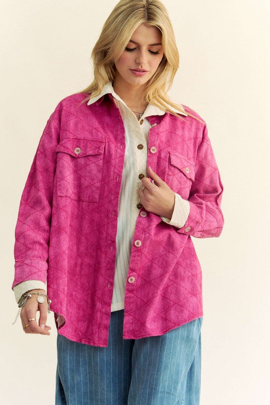 Davi & Dani Curved Hem Diamond Quilted Button Up Denim Shacket - Charming Charlie