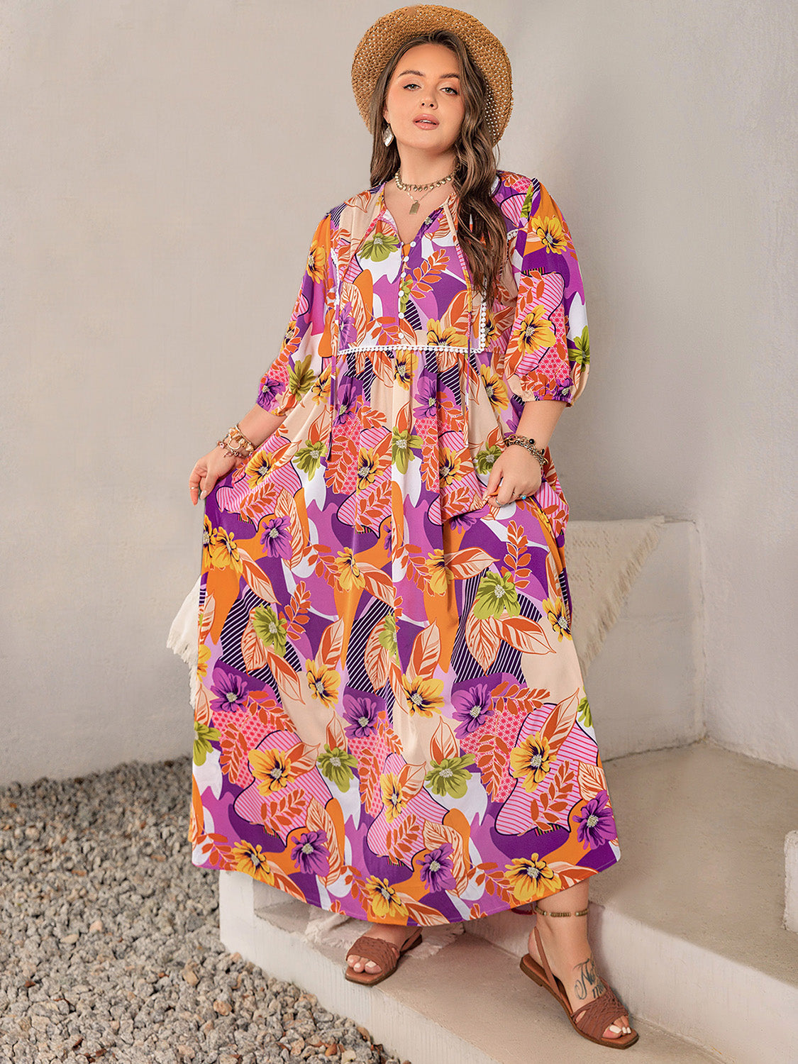 Plus Size Printed Tie Neck Maxi Dress - Charming Charlie