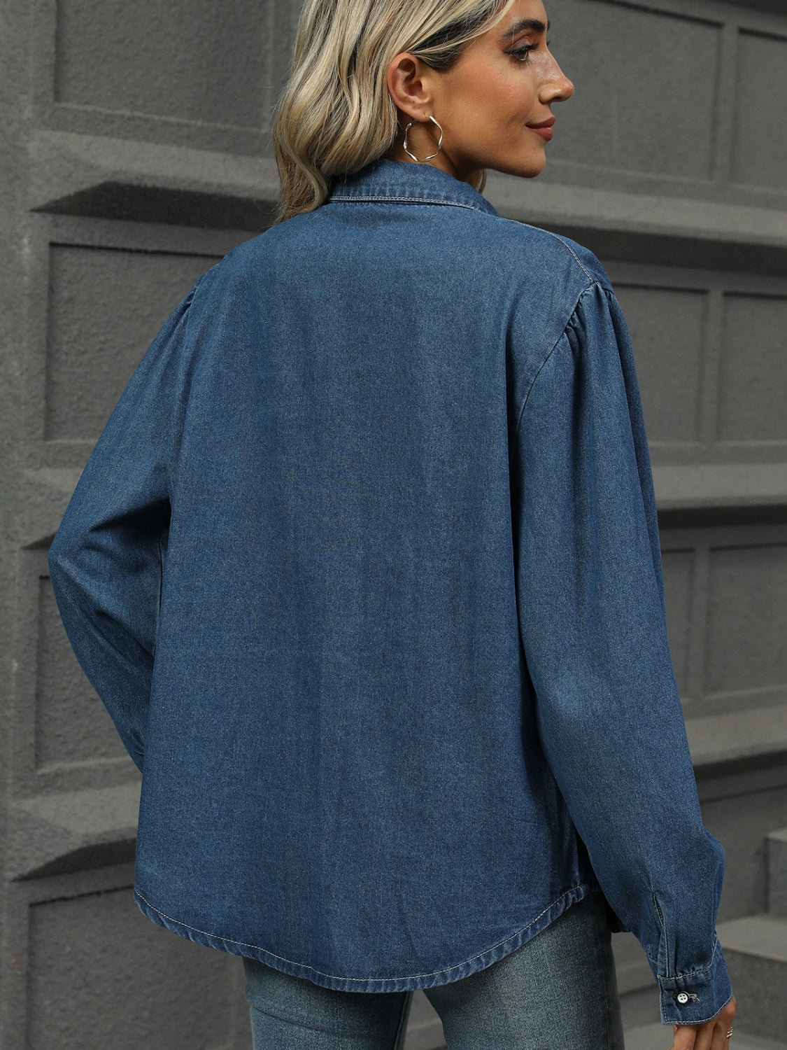 Button Down Collared Neck Long Sleeve Denim Top - Charming Charlie