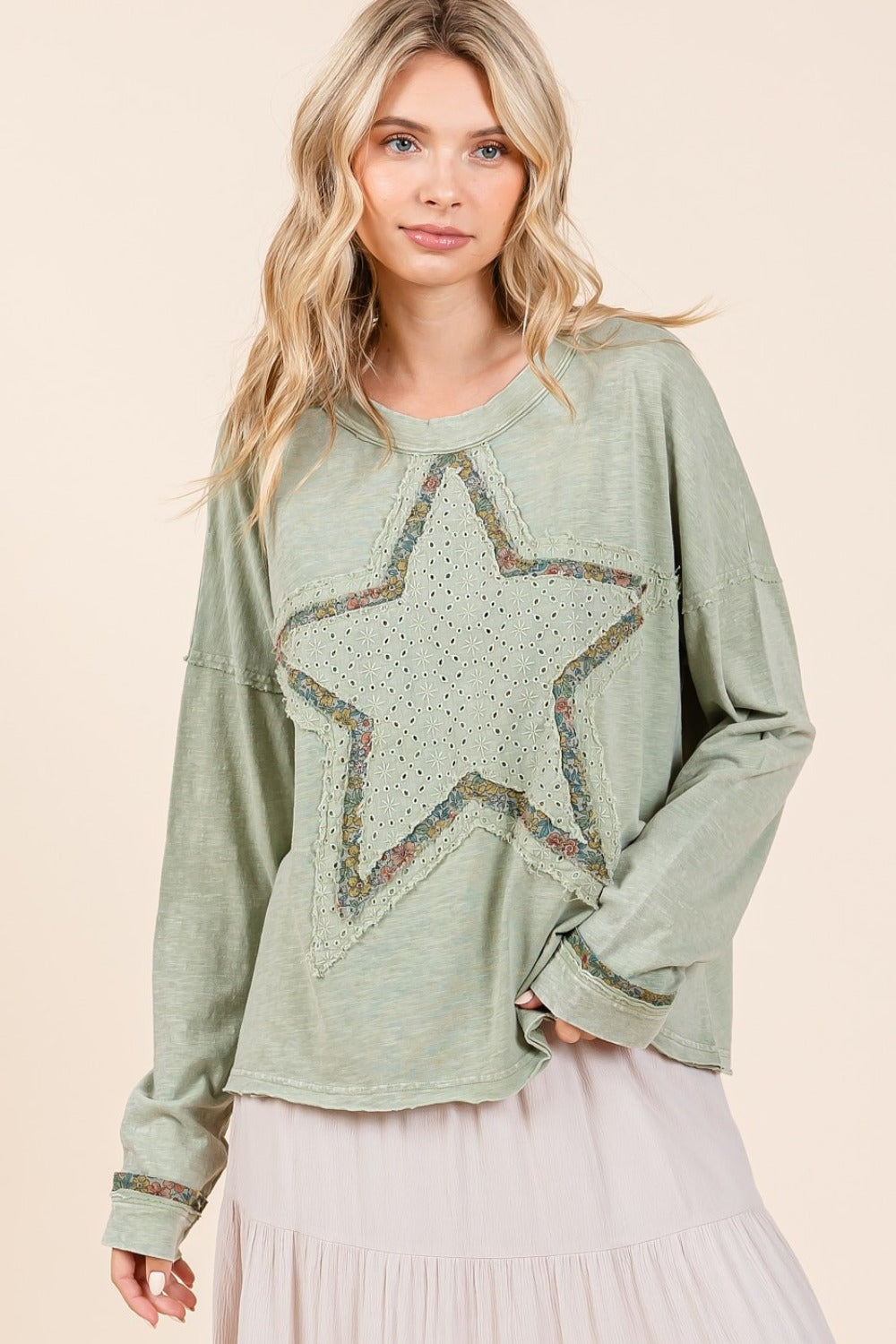 Mittoshop Mineral Wash Star Patch Long Sleeve T-Shirt - Charming Charlie