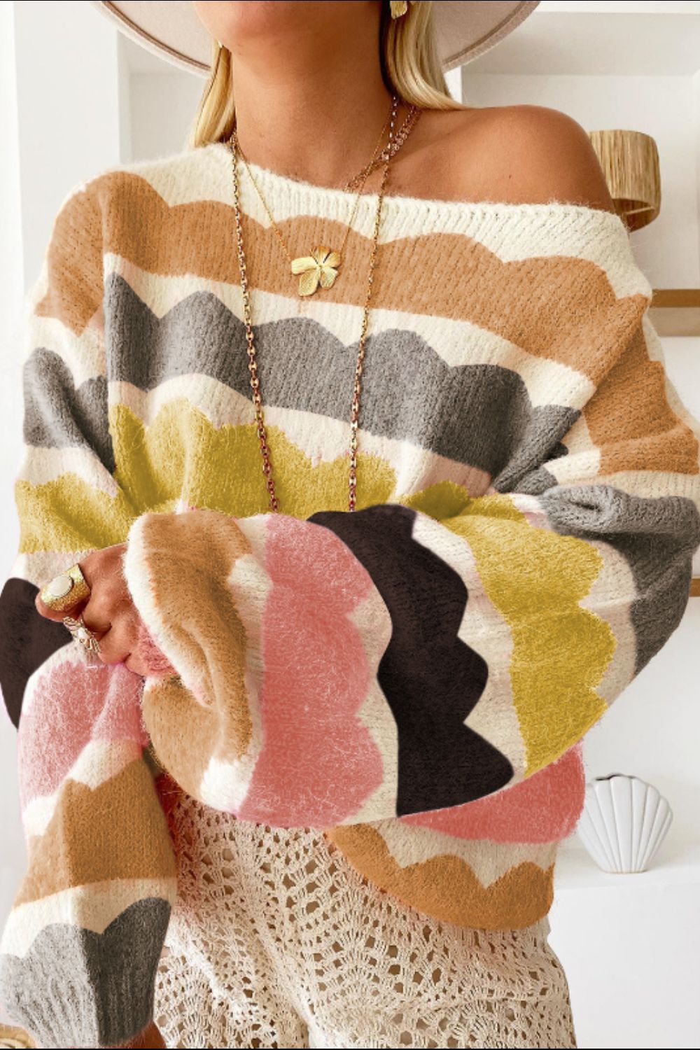 Contrast Boat Neck Long Sleeve Sweater - Charming Charlie