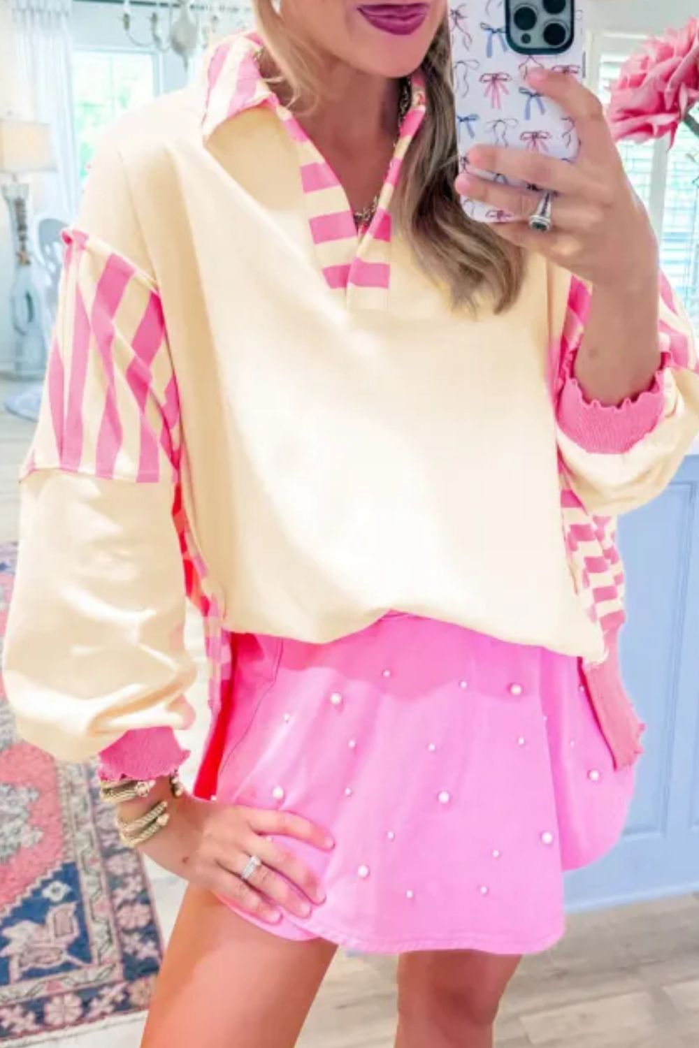 Striped Johnny Collar Long Sleeve Sweatshirt - Charming Charlie