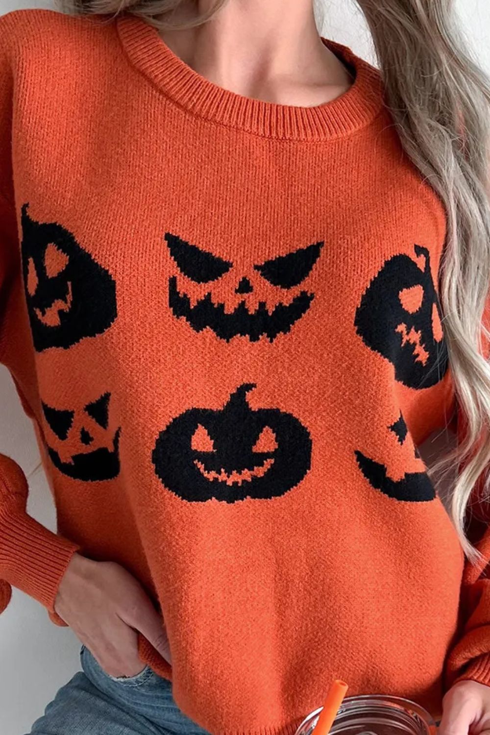 Pumpkin Pattern Round Neck Sweater - Charming Charlie
