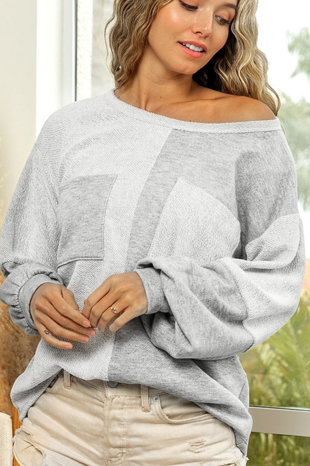 Color Block Double Chest Pocket Boat Neck Top - Charming Charlie