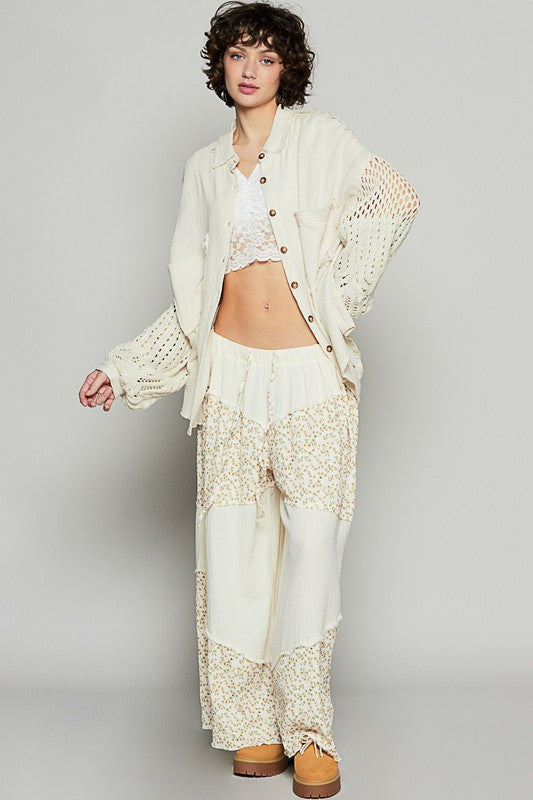 POL Openwork Lantern Sleeve Button Down Gauze Shirt - Charming Charlie