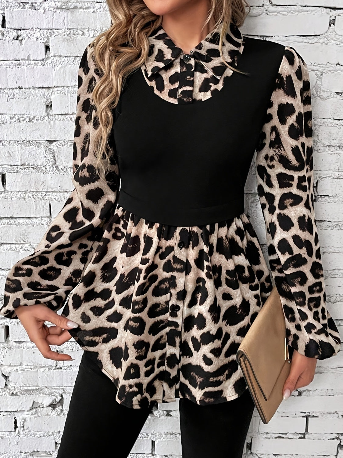 Leopard Collared Neck Balloon Sleeve Blouse - Charming Charlie