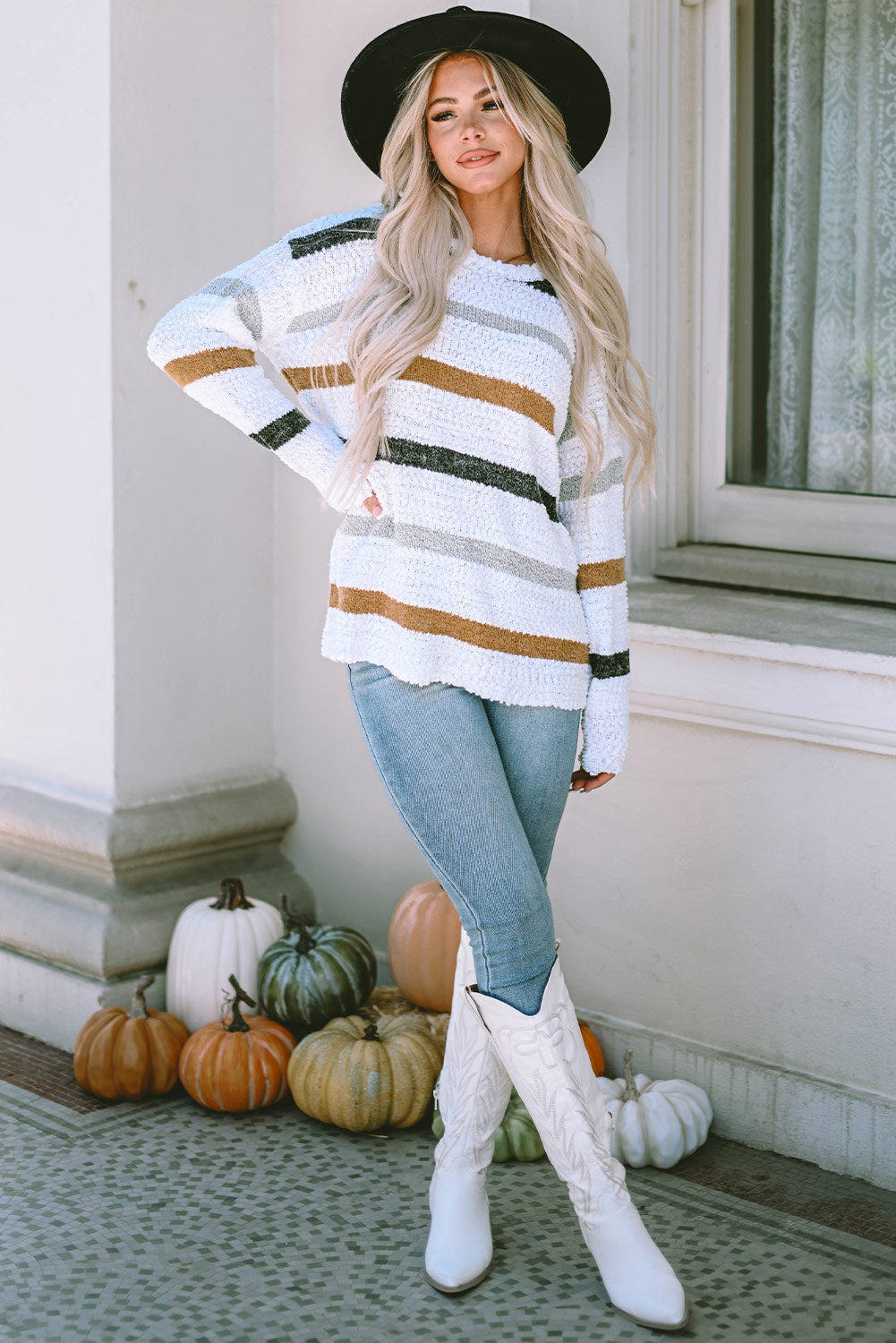 Striped Round Neck Dropped Shoulder Sweater - Charming Charlie