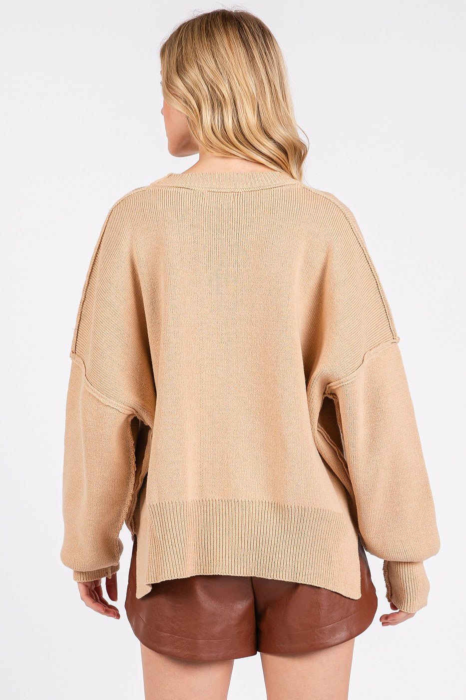 Mittoshop Side Slit Round Neck Drop Shoulder Sweater - Charming Charlie