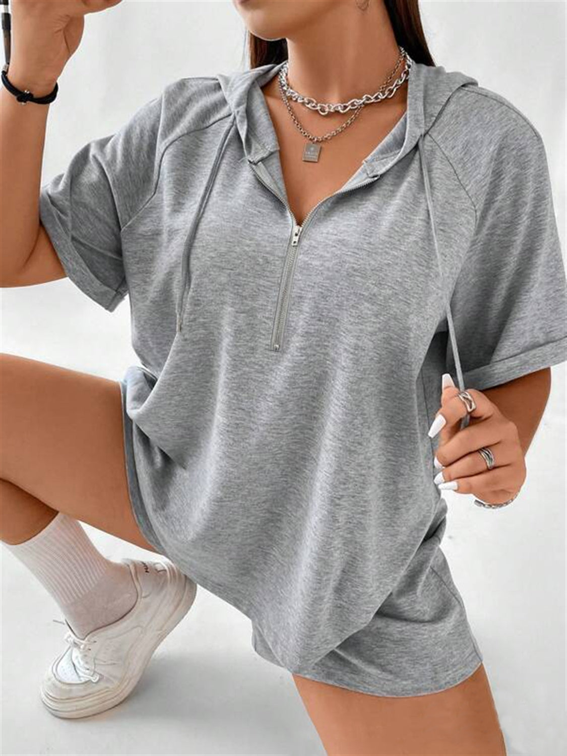 Full Size Drawstring Half Zip Hooded Top and Shorts Set Plus Size - Charming Charlie