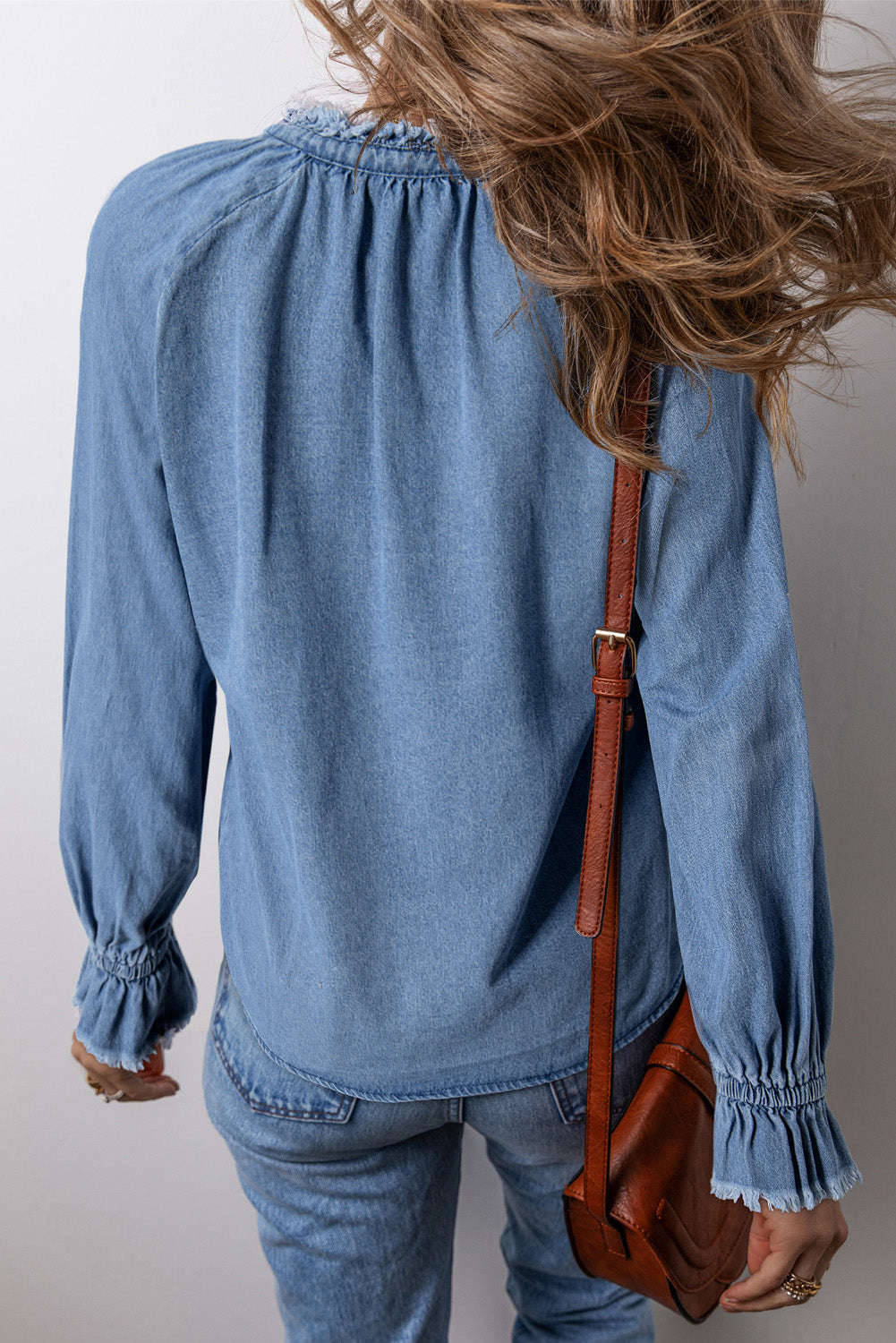 Half Button Long Sleeve Denim Top - Charming Charlie